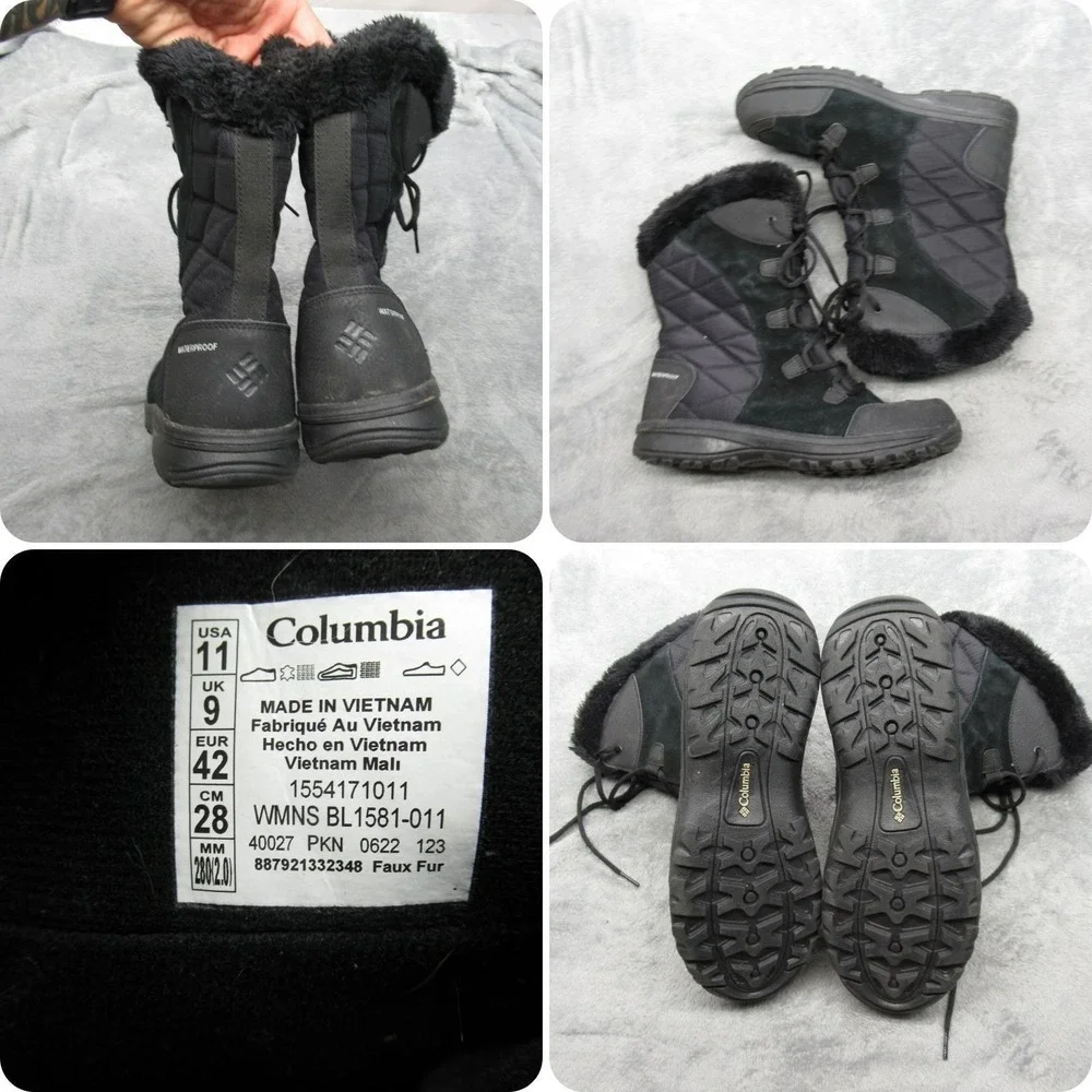 Columbia Winter Boots Women 11 Black Suede Waterproof Insulated Faux Fur Trim
